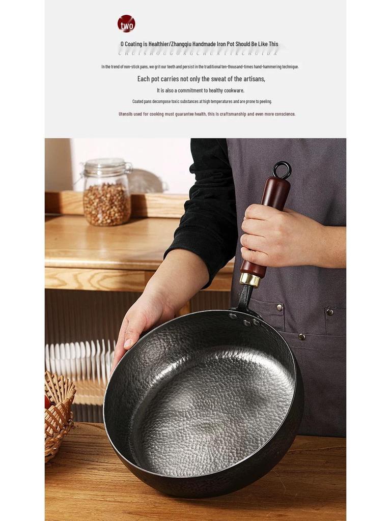 Handmade Iron Wok: Uncoated Flat-Bottom Non-Stick Pan for Deep Frying, Stir-Frying, Pancakes, Fried Eggs, and Baby Food.