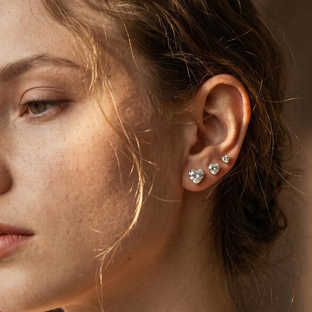 HTKE13 316L Stainless Steel 18K Gold Plated Heart Cut Cubic Zirconia Stud Earrings Hypoallergenic Solitaire Earrings for Women