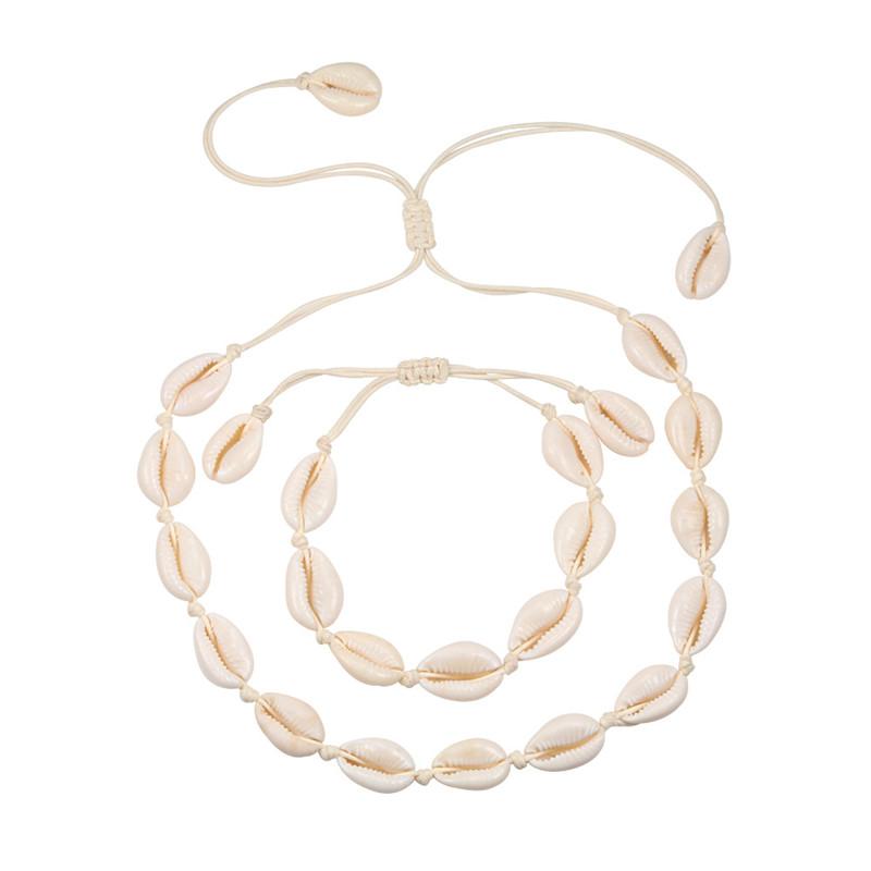 

Natural Cowrie Shell Bracelet Necklace Set For Women Handmade Woven Boho Hawaii Beach Shell Adjustable Choker Girl Festival Gift