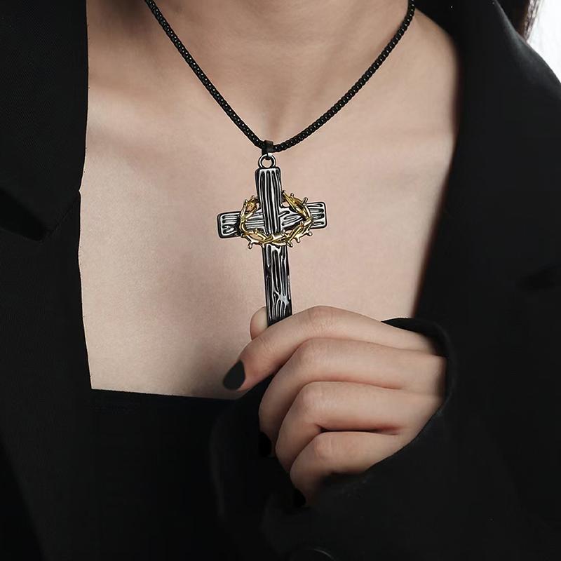 1Pc/Pair Hip Hop Thorns Cross Necklace For Women Men Personalized Cross Pendant Earrings Niche Sweater Chain Jewelry Gifts