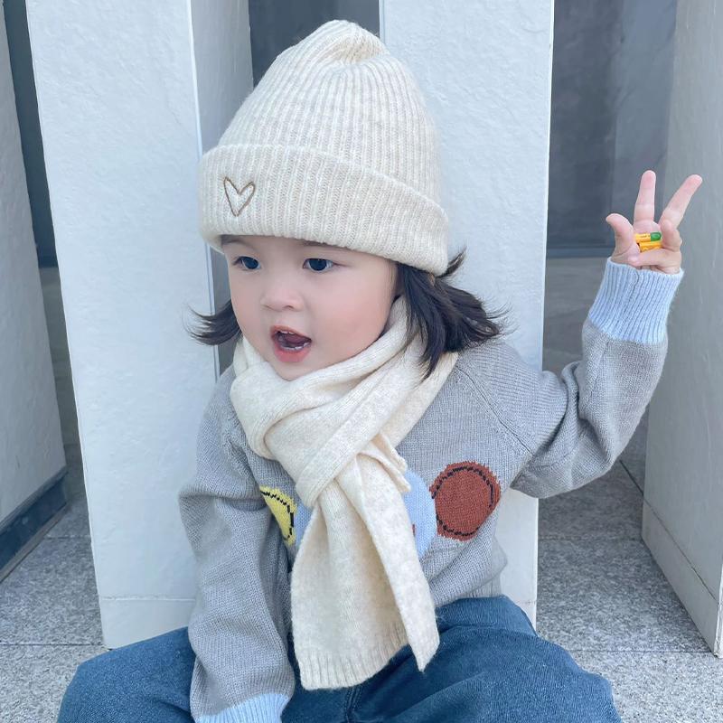Children'S Hat And Scarf Two-Piece Set Autumn And Winter Korean Style Knitted Hat Baby Warm Wool Pullover Hat Scarf