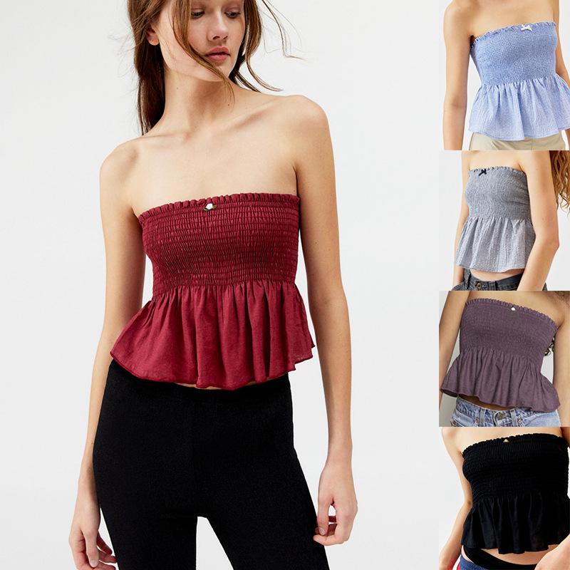 2026 Autumn European and American Fashion Women's Solid Color Ruched Bandeau Tank Top