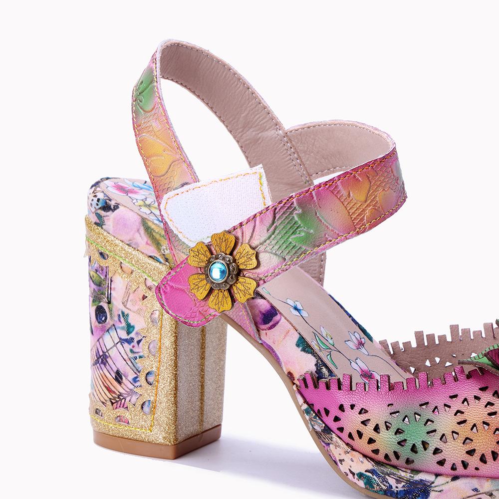 Johnature Genuine Leather Retro Baroque Style Hollow-out Carved Flower High-heeled Sandals