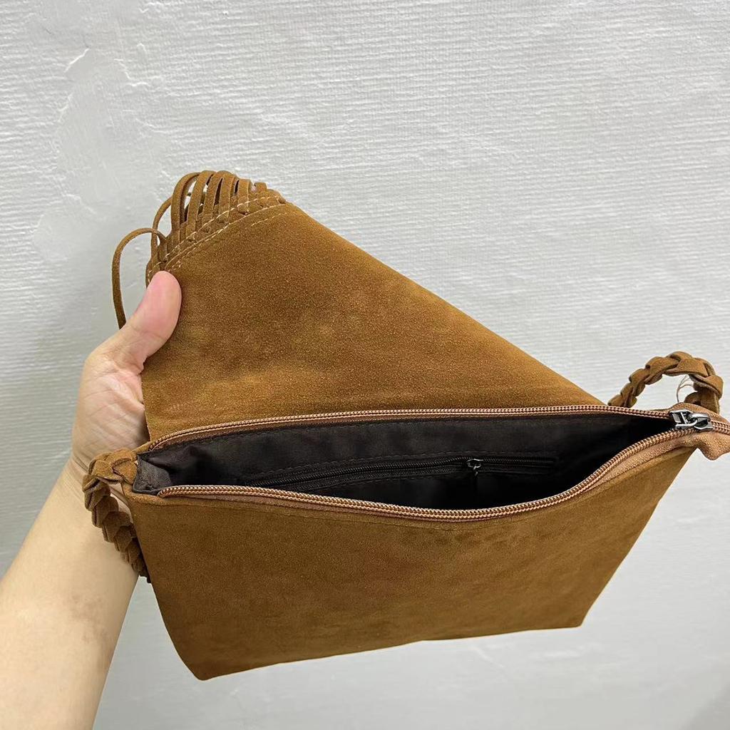 Retro Etniczny Styl Podróżnicza Fotografia Brązowa Imitacja Zamszu Z Frędzlami Torba Diagonalna Torba na Telefon Komórkowy Wszechstronna Torba na Ramię