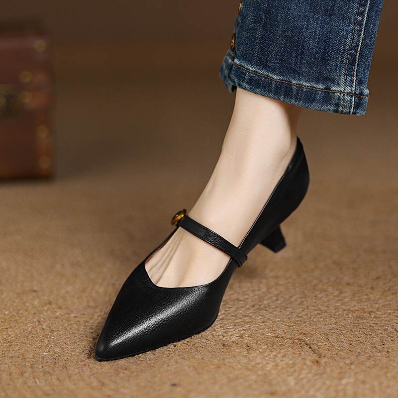 Krazing Pot Sheepskin Autumn Winter Shoes Thin Med Heels Size 43 Size 42 Pointed Toe Buckle Straps Shallow Pumps