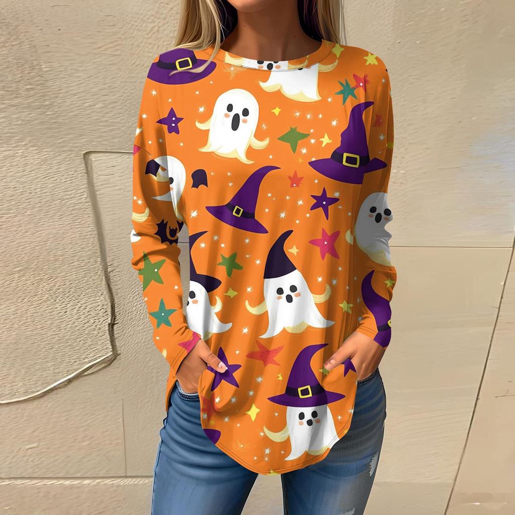 Women's Fashion Loose Round Neck Halloween Printed Long Sleeve T-Shirt Top Pullover