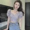 Women's Floral Puff Sleeve Square Collar Top, 2025: Short-sleeved, Lightweight, High Waist—Perfect for Summer.