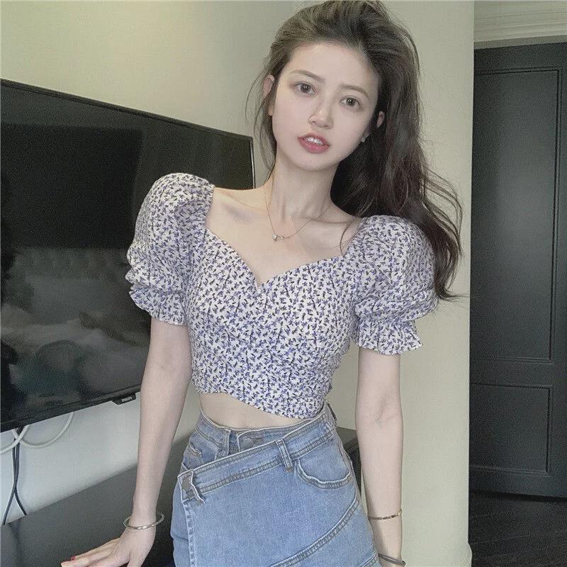 Women's Floral Puff Sleeve Square Collar Top, 2025: Short-sleeved, Lightweight, High Waist—Perfect for Summer.