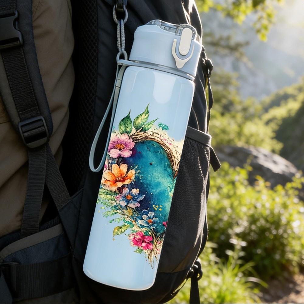 1PC Floral Wreath Heart Art Print 750ml Color Plastic Sports Water Bottle Leakproof Flip Straw Lid Suitable for Sports Office Home Use