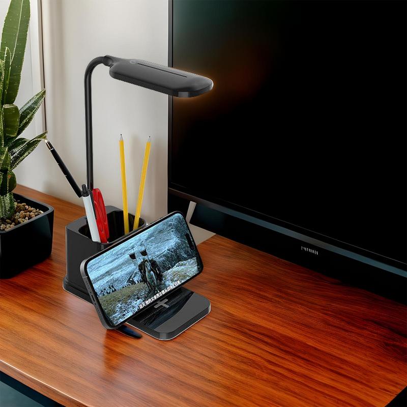 Bright Desk Lamp Wireless Charging LED Table Lamp Eye-Caring Lighting Adjustable Brightness Pen Holder Desktop Accessories Table
