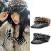 Mode Sex Nieten Leopard Hut Punk Gothic Y2k Baskenmütze Harajuku PU Leder Flacher Schirmmütze für Mädchen