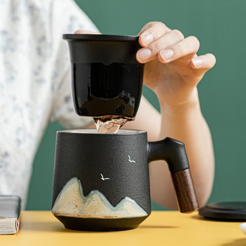 400ml Yuanshan Ceramic Mug with Lid Filter Wooden Handle Office Coffee Cup