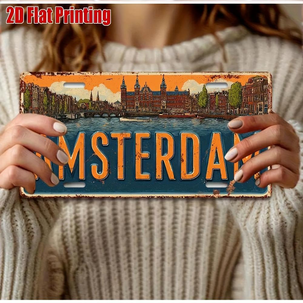 D Flat Pc Vintage Amsterdam Metal License Plate Aluminum Wall Decor with Dutch Cityscape Suitable for Home Vehicle Garden
