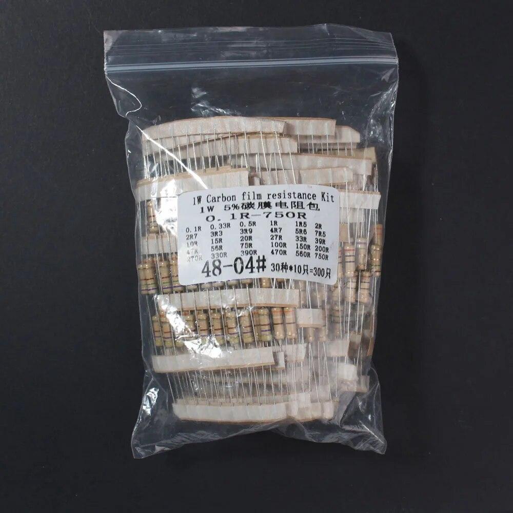 300PCS 1W ნახშირბადის ფირის რეზისტორების ნაკრები,30Values*10pcs,1K~820K ohm, 0.1R~750R,რეზისტორების დიაპაზონის ასორტიმენტის ნაკრები 5% ფერადი რგოლის წინააღმდეგობა