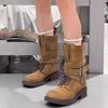 Spot~ Brown Western Medium Martin Boots Round Head Lace-Up Belt Buckle Thick Heel Maillard Leather Boots