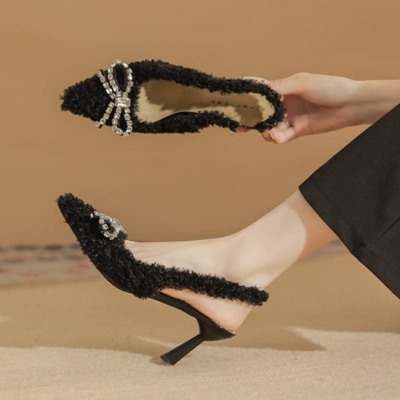 7519-2 [sheepskin] high-heeled fluffy shoes women's thin heels 2025 new baotou rhinestone bow shoes