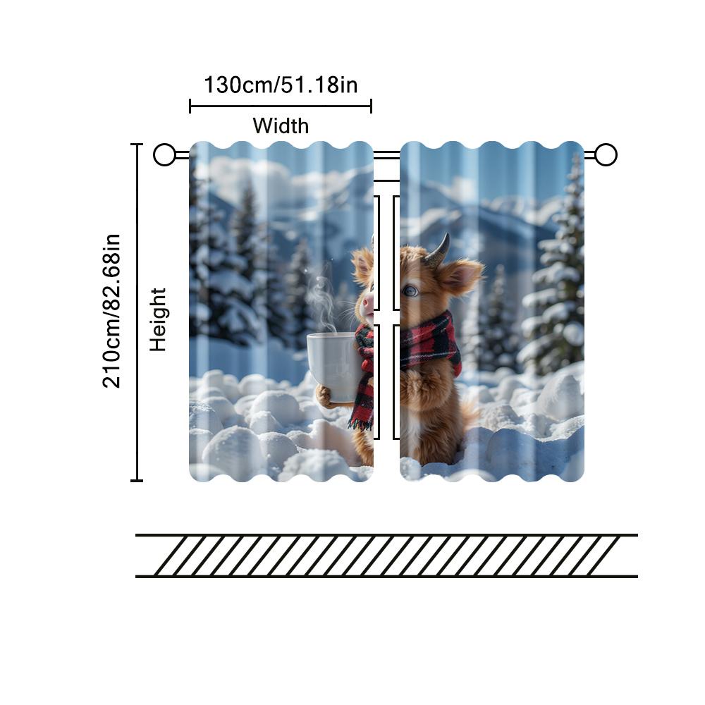 2 pcs   filtering curtains (excluding rods   non-movable   without batteries) A calf drinking  cocoa for use in bedrooms and
