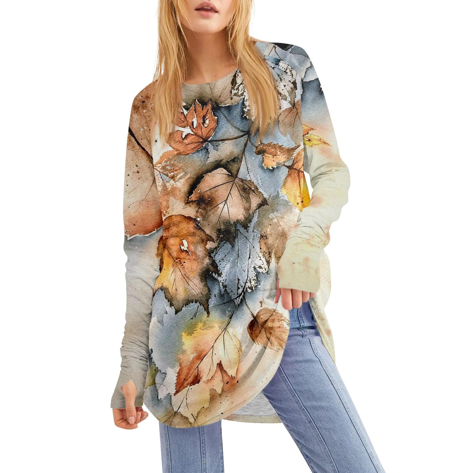 

Женская свободная футболка с круглым вырезом и длинным рукавом средней длины с принтом, топ с дырявым большим пальцем XL жёлтый