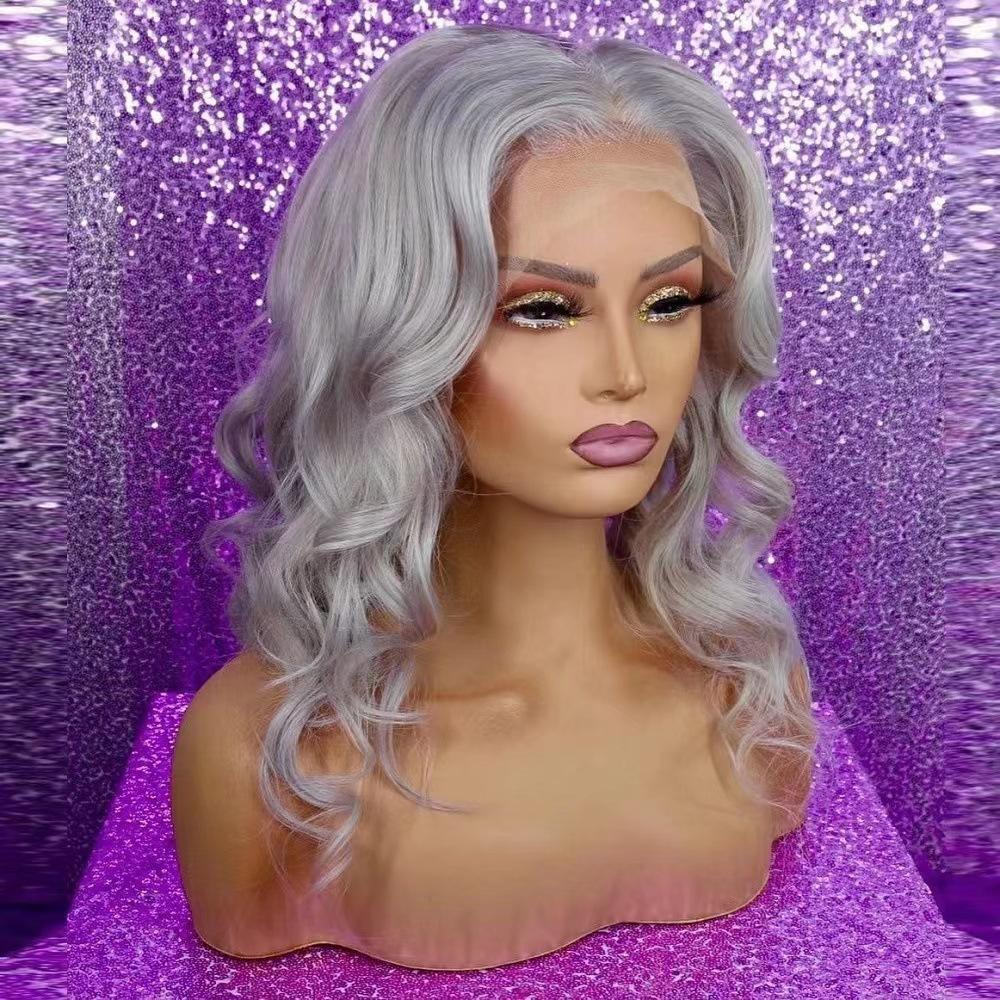 Hot-selling front lace wig women's silver gray medium long curly hair lace wig cover in stock