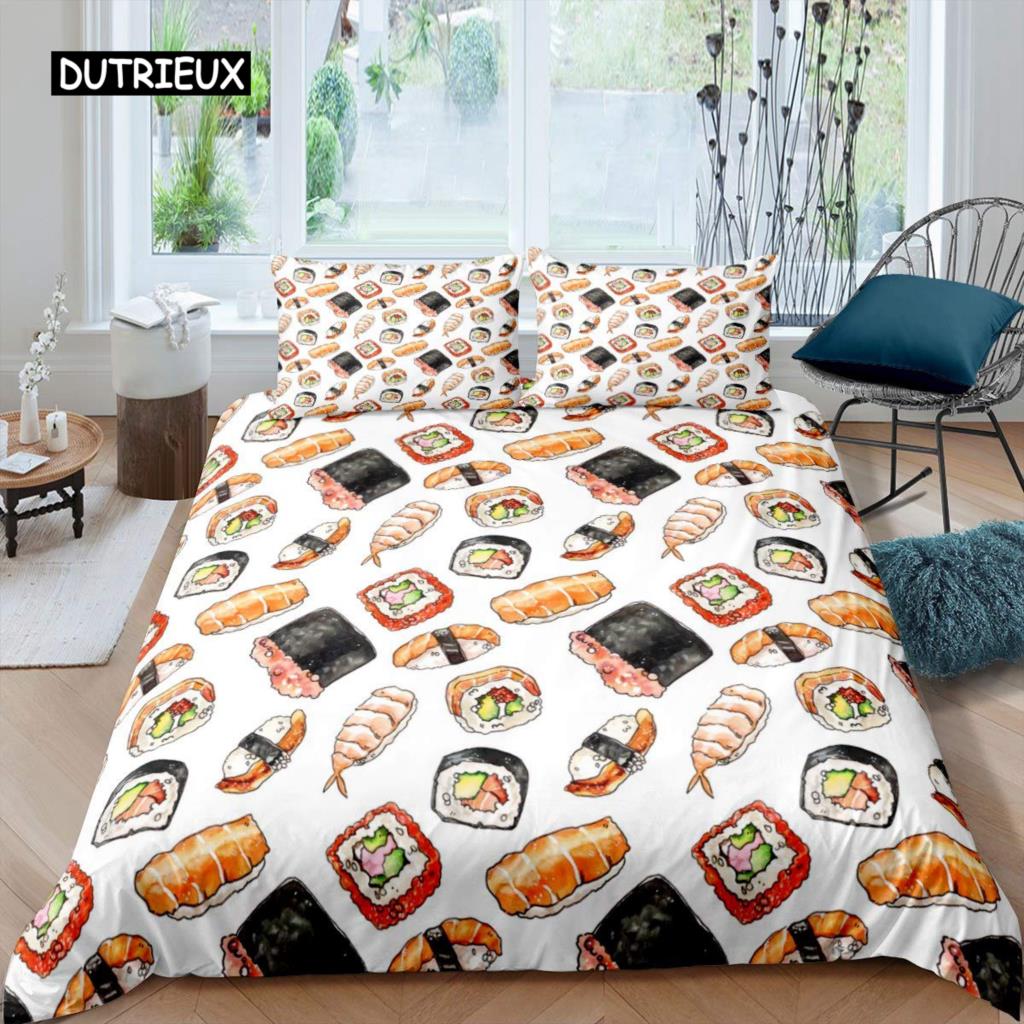 

Пододеяльник с рисунком суши, комплект из микрофибры King, чехол для одеяла в японском стиле с изображением еды, милый мультяшный японский суши-наволочка EU King(240x220cm)