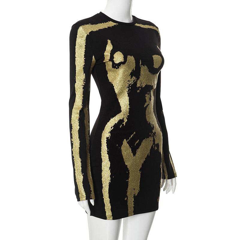Women Sexy Long Sleeved Black Gold Mini Dress Women’s Solid Wrapping Skirt Party  Dress