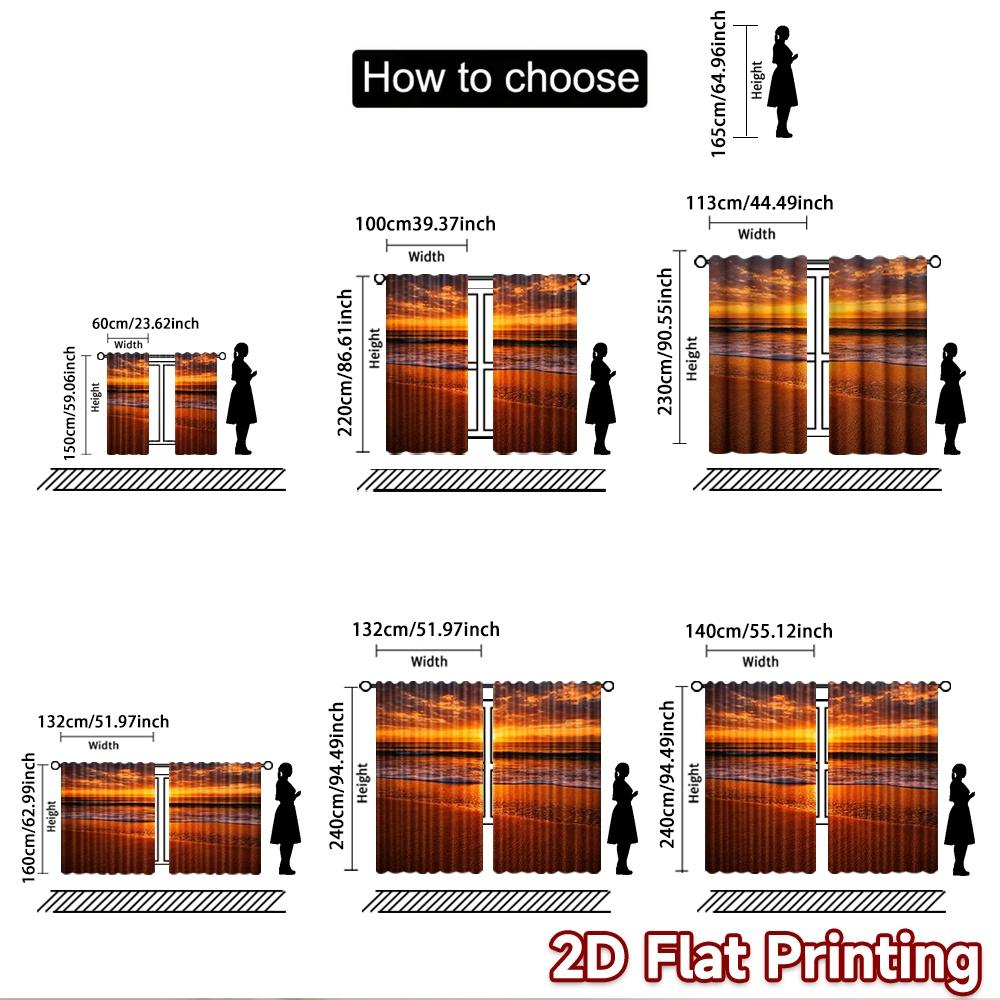 2D flat printing 2pcs Curtain Party Window Curtains Golden Beach Sunset Digital Printed Polyester Drapes Birthday Party Perfect