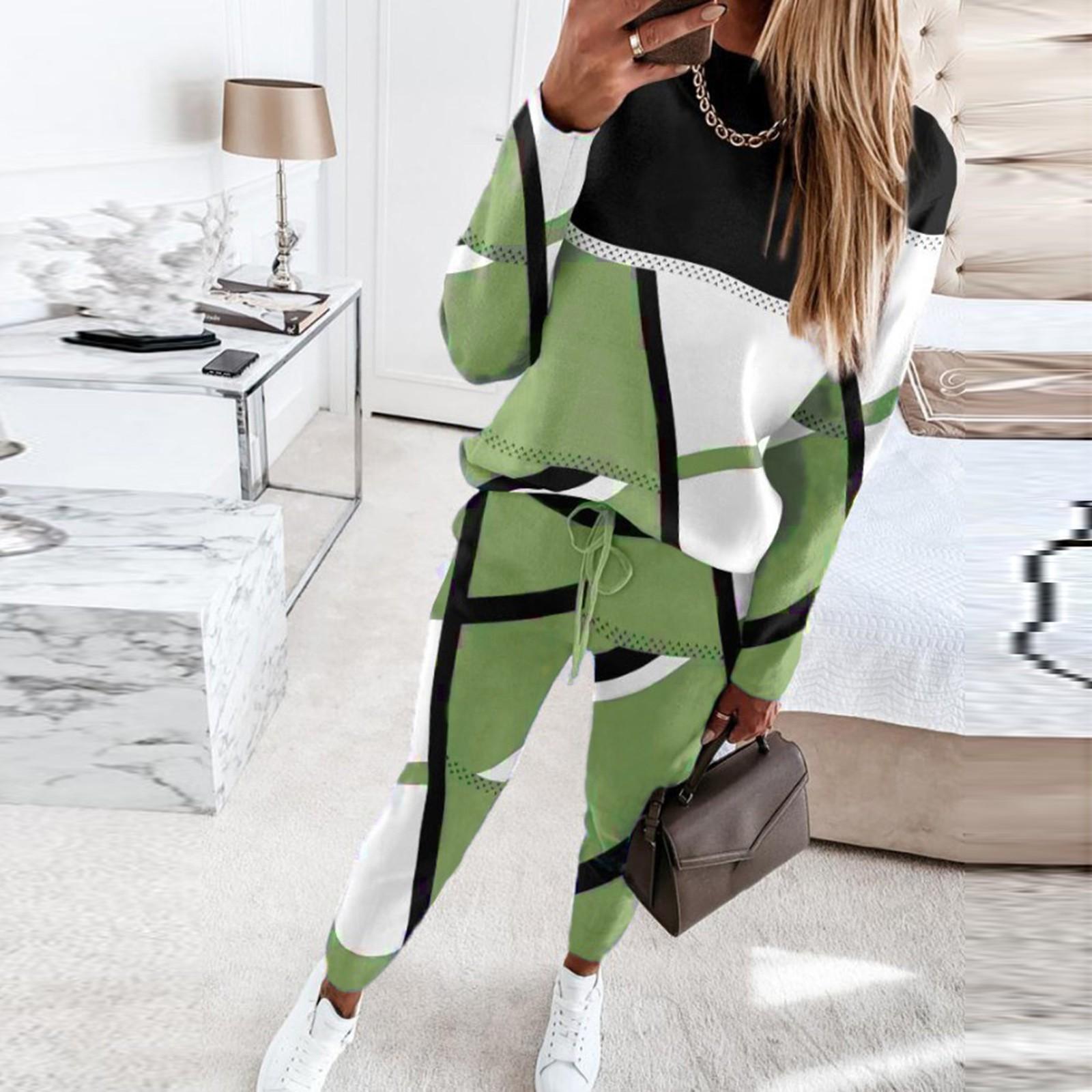 

Женский модный повседневный однотонный топ с принтом, брючный костюм L зелёный