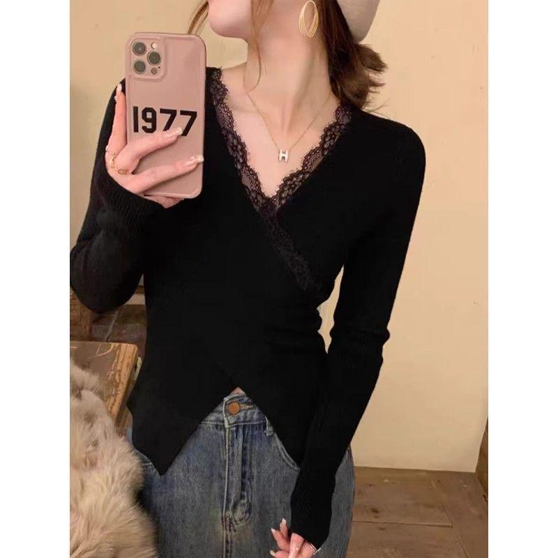 

2025 Designer Plus Size Lace Patchwork V-Neck Cross-Front Long Sleeve Top for Women - Spring/Autumn S
