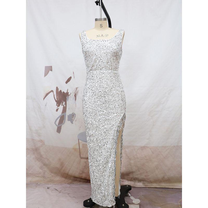 

2023 Women s Sexy Sequins Tassel Split Dress Dress Dress Skirt White L