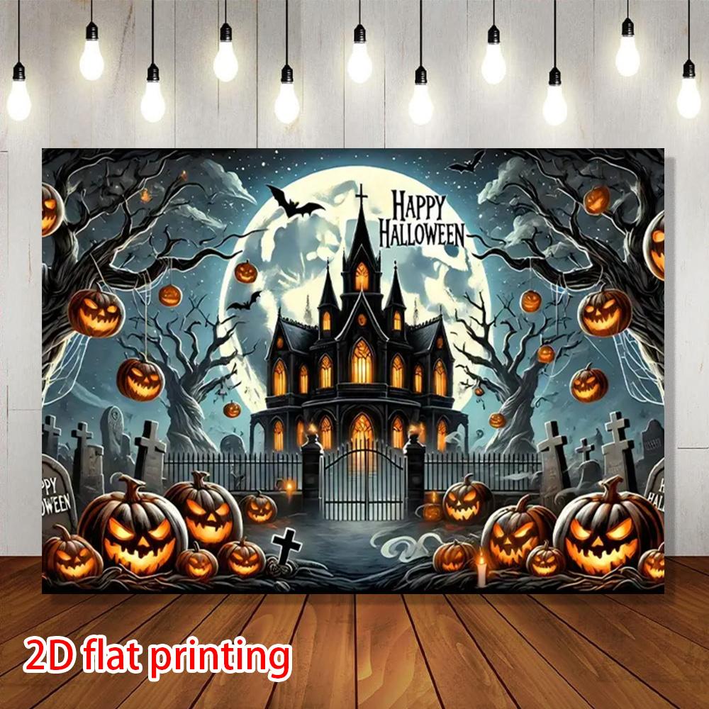 2D flat banner 1 Halloween party background banner evil pumpkin bat creepy castle.PMJ