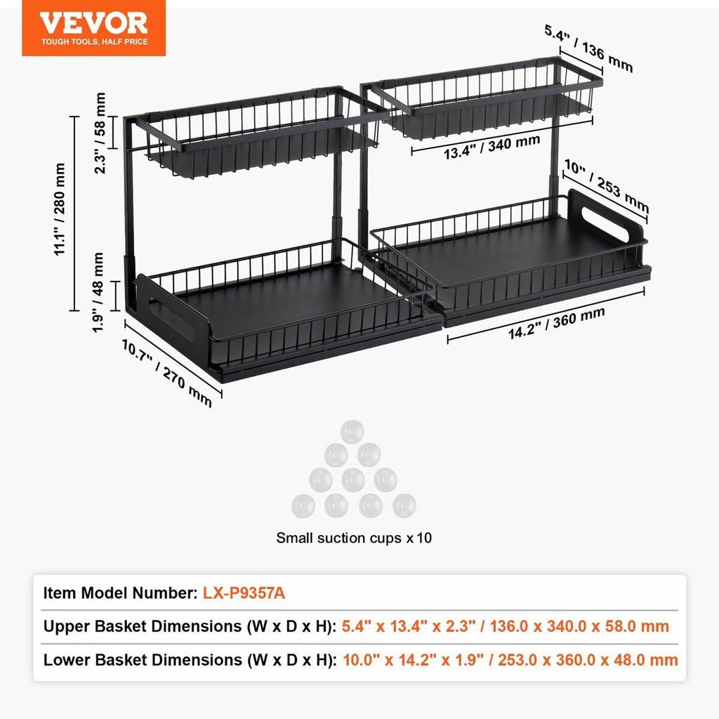 2-Tier Wire Pull Out Cabinet Under Sink Basket Organizer 10.7"x14.2" 2PCS