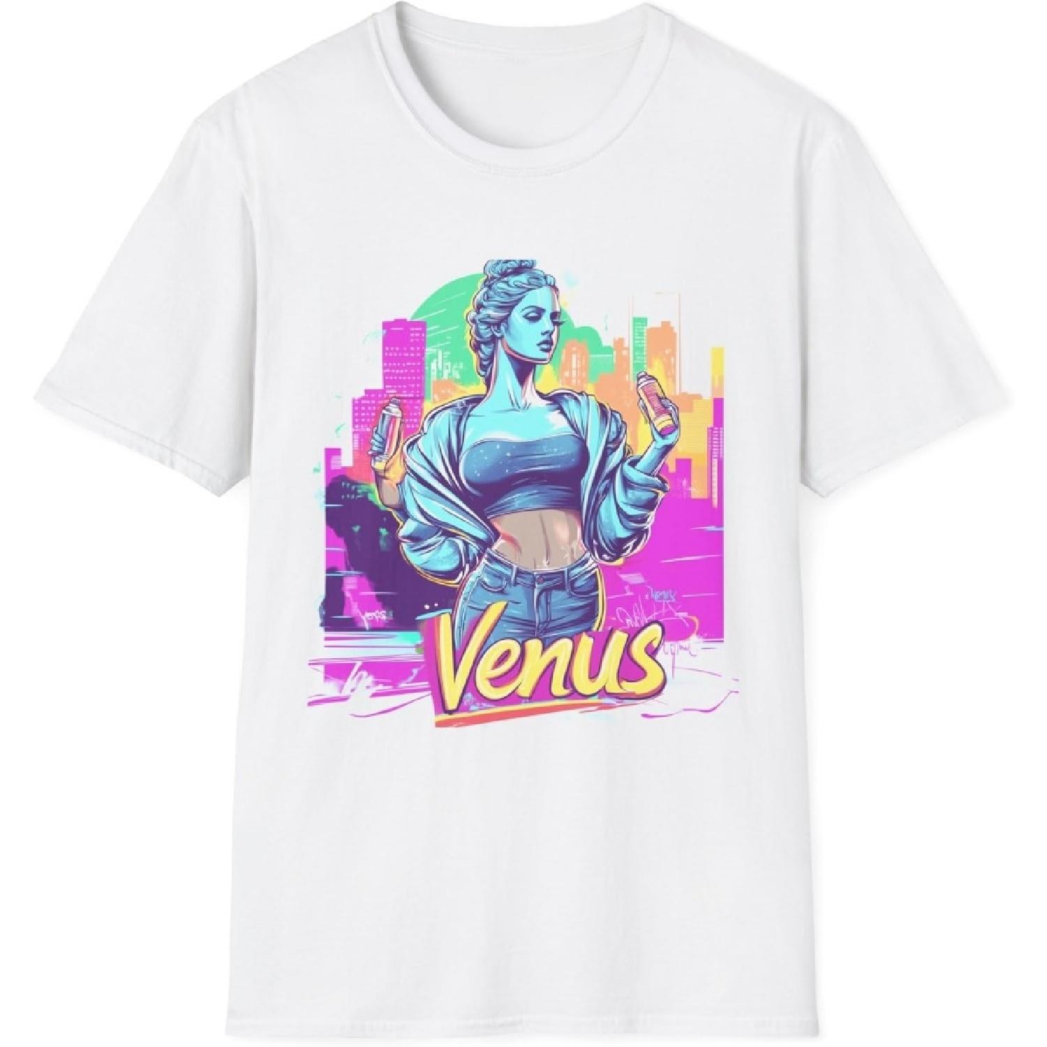 Venus Urban Neon T-Shirt – Retro Pop Art, Goddess Statue with Soda & Cityscape, Trendy Vaporwave Unisex Tee XXXXXL белый