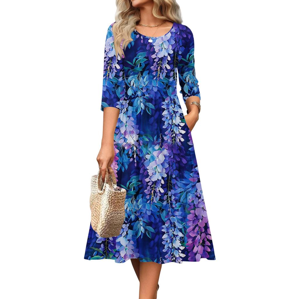 Rochie de damă cu mâneci 3/4, casual, fluidă, în A, midi, tip tricou, cu buzunare, cu gât rotund, pentru vacanță, boho, de plajă, de vară