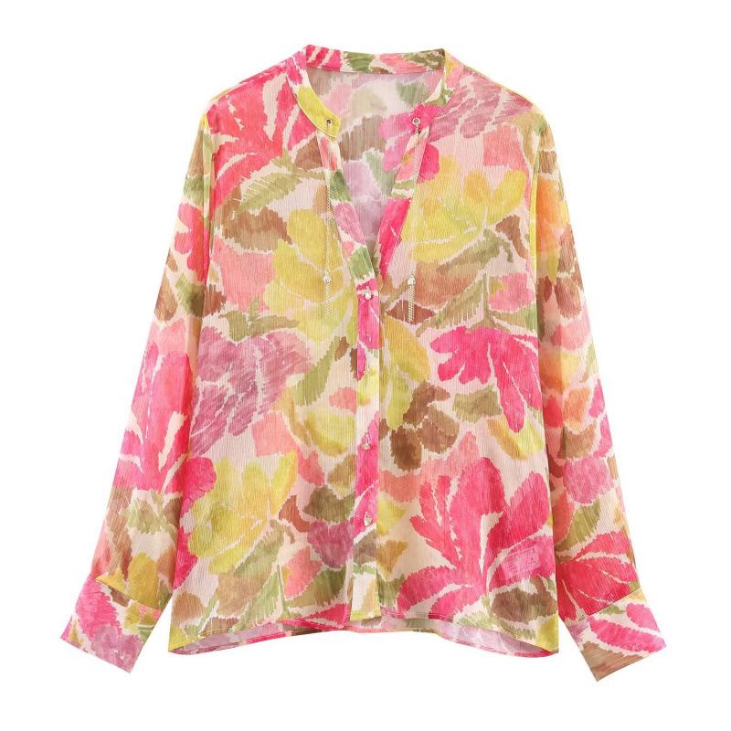 2026 Spring European & American Beaded Floral Print Shirt Small
