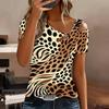 Women Leopard Print Cold Shoulder Short Sleeve T Shirt Irregular Cutout Neck Casual Summer Blouse Top