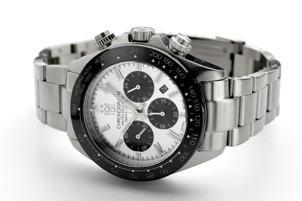 HYAKUICHI 101 Diver's Chronograph Watch, Men's, 20 ATM Water Resistant, Date Display, Quartz Movement, Ceramic Bezel, Silver Panda Design, SSV