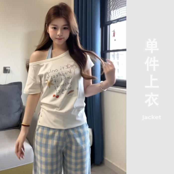 Slash Shoulder T-Shirt Women s Summer Letter Print White Slim Off-Shoulder Short Sleeve Versatile Spice S белый
