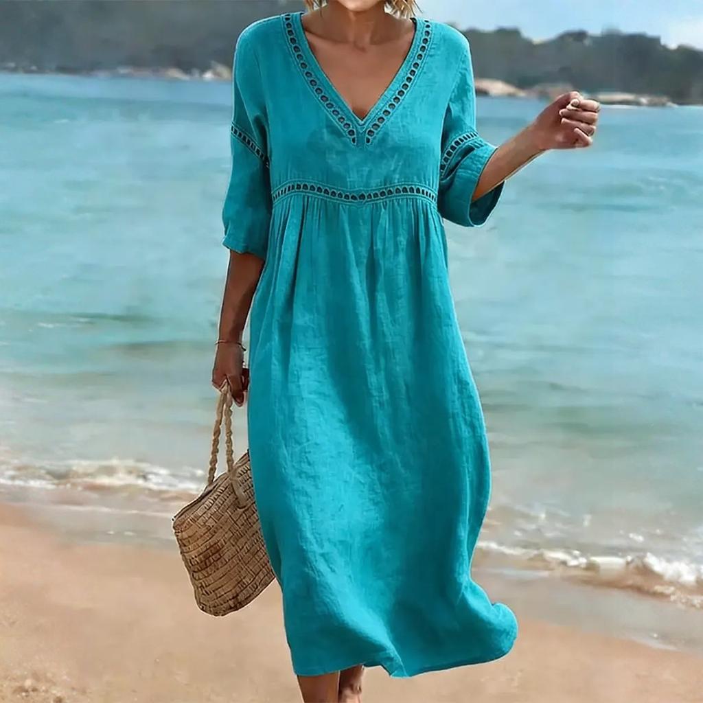 Women's Fashionable Casual V-Neck -Color Beach Dress: Loose-Fitting Openwork Dress