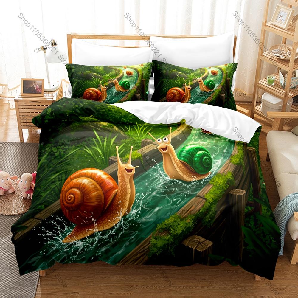 Kawaii Snail Pattern 3-Piece Bed Set Comfortable Lightweight Duvet Cover Pillow Shams Lovely Animal Print Bedding Kit Children