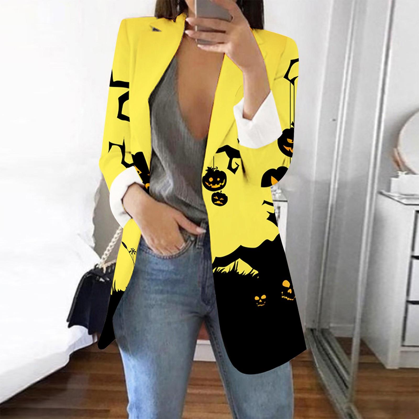 

Женская повседневная модная куртка с длинными рукавами и лацканами с принтом, приталенная маленькая куртка на пуговицах L жёлтый