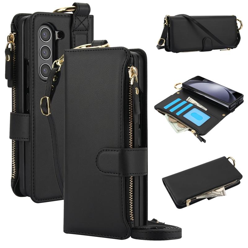 CrossBody Multi-function Wallet case for Samsung Galaxy Z Fold 6, Ring Holder Leather case for Galaxy Z Fold 5 With Lanyard