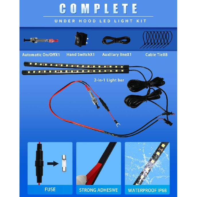 Under Hood Light Under Hood Led Light Kit for Car Engine Bay Led Light Kit Car Hood Work Lights Pection Lights with Automatic On/Off, Universal Fits