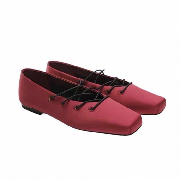 Fashion 2025 Summer Retro Satin Square Toe Lace-up Ballet Casual Outwear Flat Heel Women's Singles
