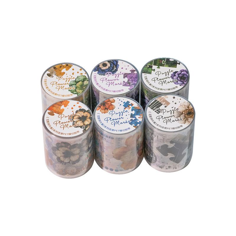 1 Rollo de Cinta Adhesiva Estilo Rompecabezas de Bloques Florales, Patrón de Flor de Bloque 3D, para Decoración de Diario y Scrapbooking DIY