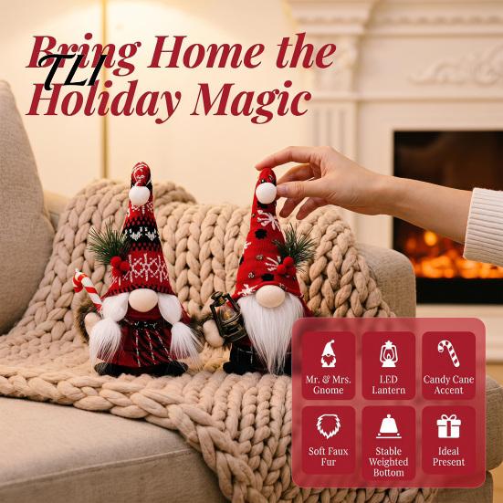 Cute Christmas Souvenirs Plush Gnome Decoration, Nordic Xmas Scandinavian Tomte Elf with Beard Pine Tree Branch for Desk Shelf Fireplace Winter