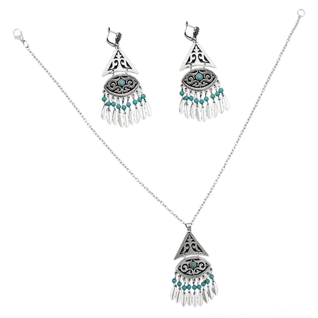 Women's Vintage Bohemian Style Tassel Hook Earrings and Necklace Jewelry Set 74GR