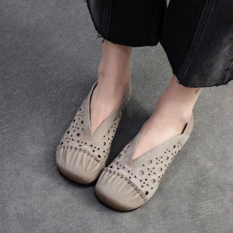 Johnature Retro-Echtleder, ausgehöhlt, atmungsaktiv, flache Schuhe, runde Zehen, lässige Damen-Slip-on-Schuhe