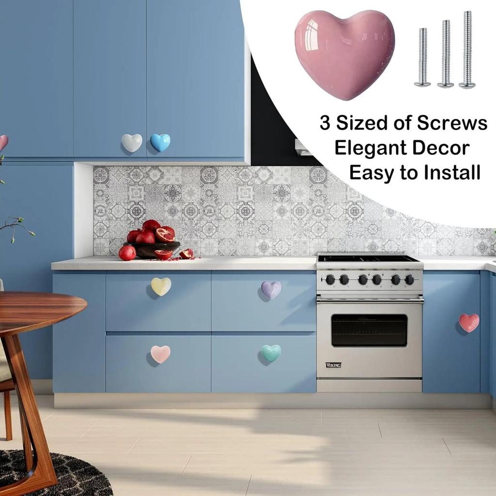 Ceramic Drawer Knobs Heart Shape Colorful Heart Cabinet Dresser Pulls Handles with 3 Sized Screws, Kitchen Furniture Knobs