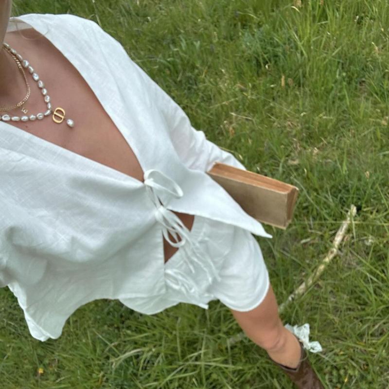 Lace Up Bow Shirts Women Loose Hollow Out V Neck Long Sleeve Tops Female Spring New Lady Streetwear Top