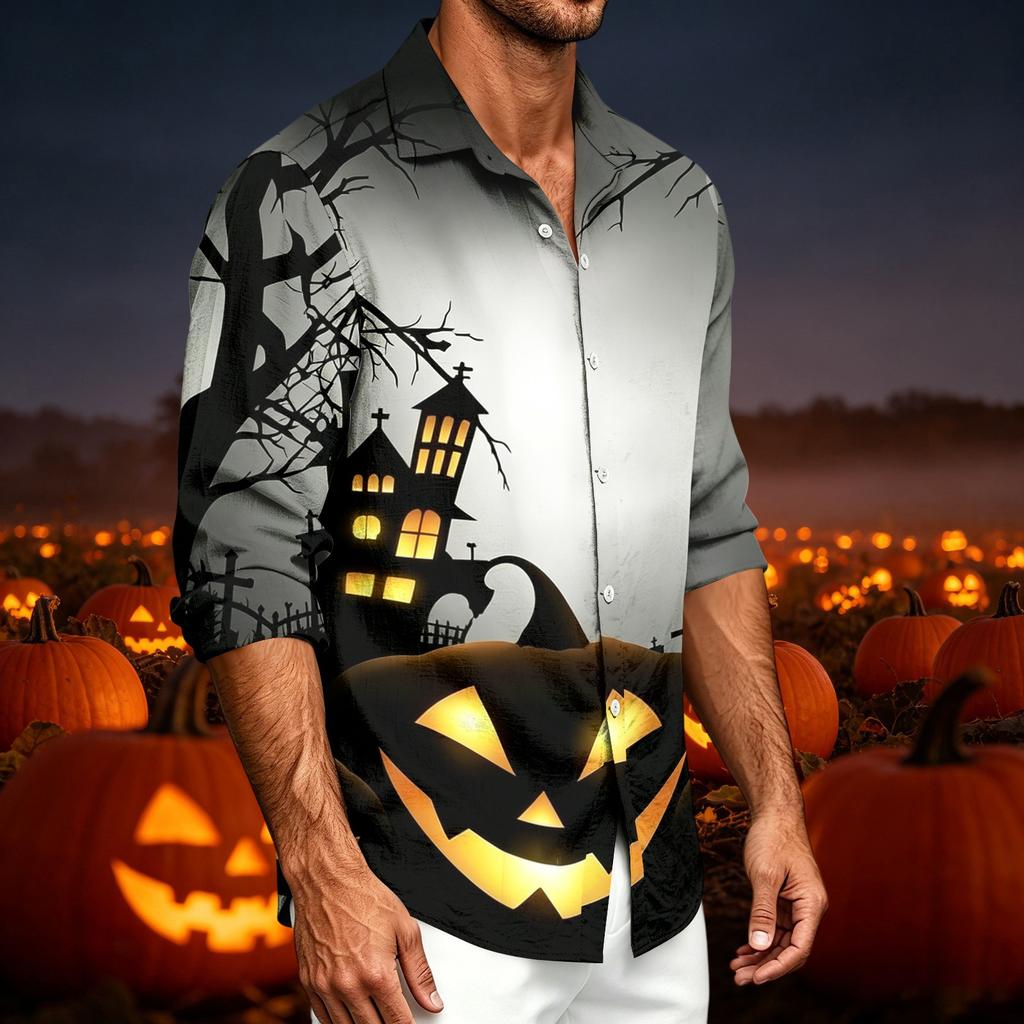 Men's Casual Long Sleeve Shirt with Halloween Print for Spring Fall
